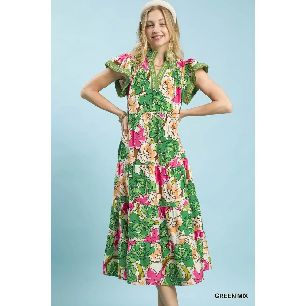 Umgee Mix Bold Floral Tiered Midi Dress - Small